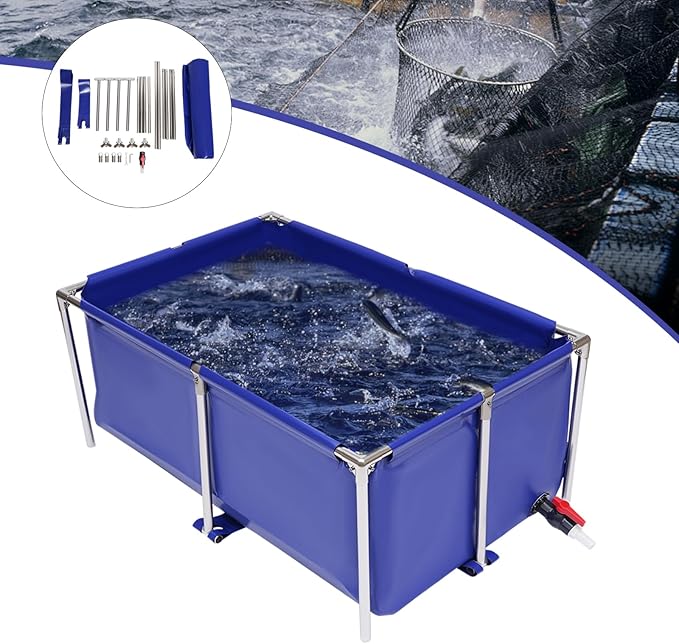 Canvas Fish Pond, Foldable Water Storage Pond Modern Blue Aquarium Fish Water Tank with T-Shaped Steel Frame, Rectangle Canvas Show Tank for The Cultivation of Lobster