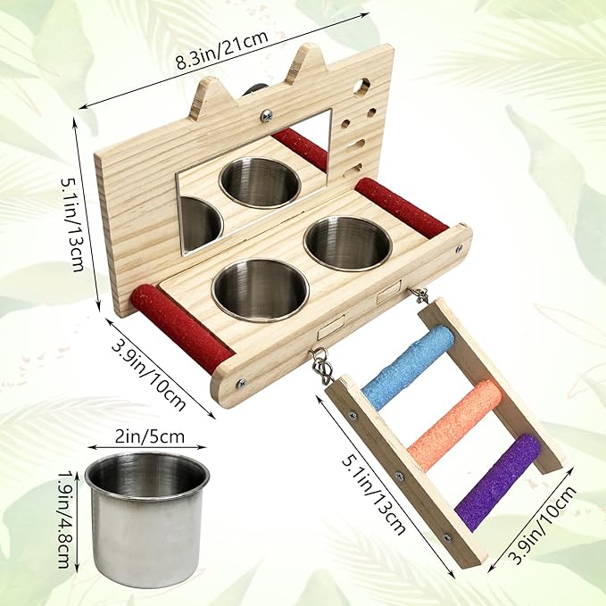 Tfwadmx Bird Food Stainless Steel Cups Wooden Perch Stand with Ladder Hanging Feeder Bowls Feeding and Watering Supplies for Parakeets Conures Cockatiels Budgie Parrot
