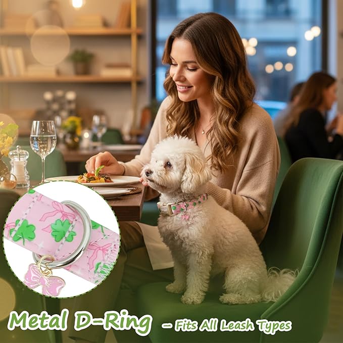 St. Patrick's Day Dog Collar,Pink Bow with Green Clover Puppy Collar,Adjustable Spring Cotton Collars Gifts for Small Medium Large Dogs,Dog Accessories M