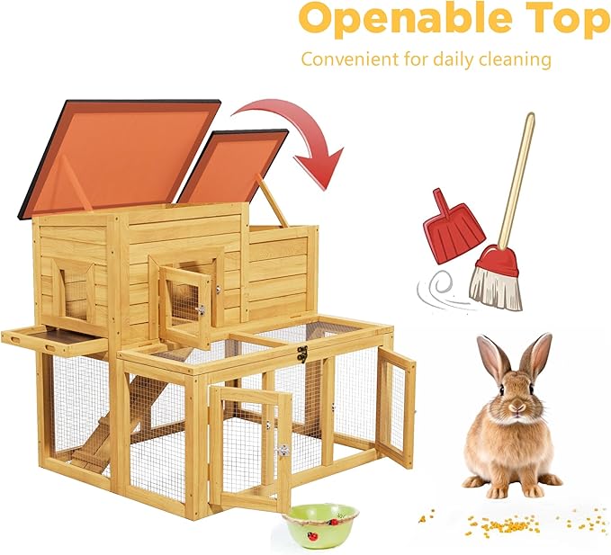 Large Wooden Bunny Rabbit Hutch Indoor Outdoor,Medium Elevated Chicken Coop for 2-4 Chickens,Poultry Pet Run Cage with Non-Slip Ramp & Removable Tray for Small-Medium Animals (Natural Wood)