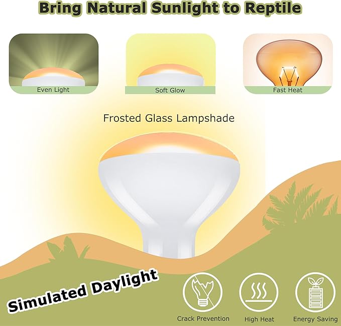 60W Reptile Heat Lamp Bulbs, 2.5 Inch UVA Basking Spot Light for Bearded Dragon, Lizard, Tortoise, Chicks & Amphibians – Simulated Natural Sunlight, Daylight Bulb for Terrarium E26 | 2 Pack