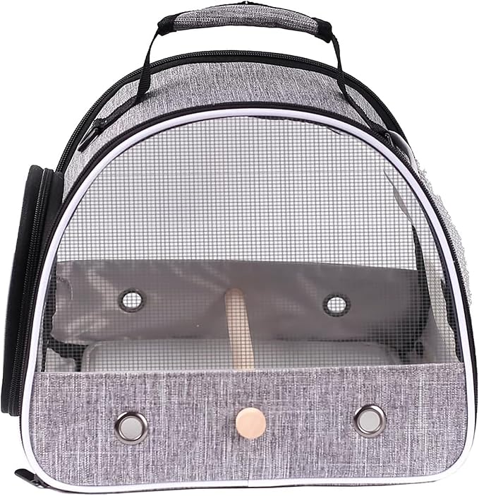 Small Bird Travel Carrier, Portable Mesh Vented Bird Carrier Cage for Parakeet, Parrot, Cockatiel, Guinea Pig, Bearded Dragon Reptile Carrier for Hiking Vet Visit Bicycle Ride (Grey, Mesh Window)