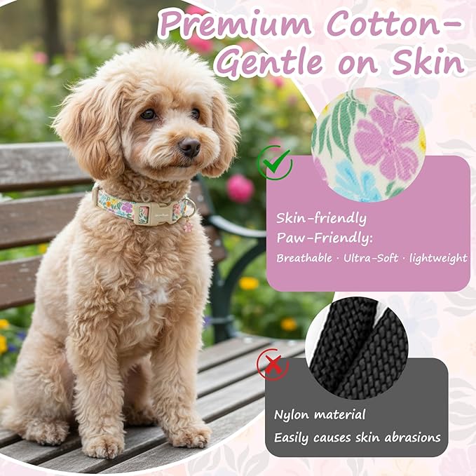 Cotton Dog Collar with Colorful Flowers for Spring Summer, Adjustable Puppy Dog Collars for Small Medium Large Dogs, Cute Girl Boy Dog Collar Ideal for Gifts,Pet Accessory,L