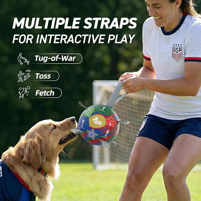 QDAN Dog Soccer Ball with Straps, 7 Inch World Cup Soccer Ball for Dogs, Water Toy, Dog Ball Toys for Medium Large