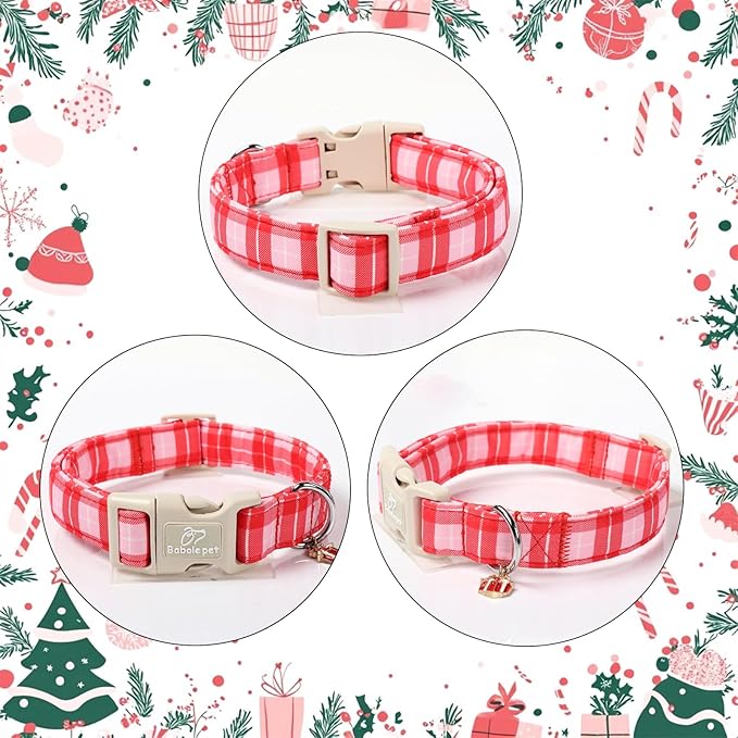 Plaid Dog Collar - Cute Red and Pink Plaid Puppy Collar with Safety Buckle, Soft Adjustable Holiday Dog Collars for Small Medium Large Dogs XL