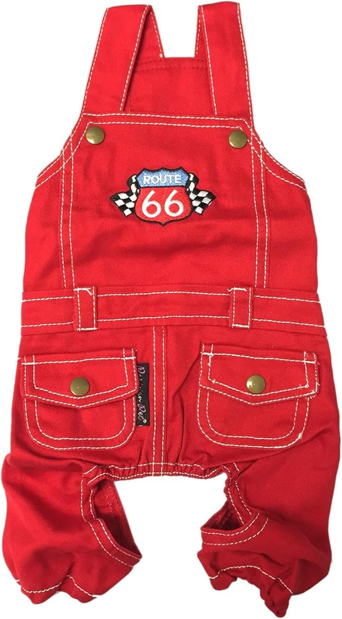 Parisian Pet Denim Overall - Embroidered Route 66 ' Red Jumpsuit - Breathable & Washable Dog Outfit - Dog Overalls XL