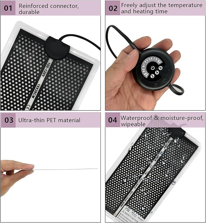 Reptile Heat Pad with 7 Button Temperature Adjustment, Under Tank Terrarium Heat Mat for Reptiles Tortoise Snakes Lizard Gecko Frog Hermit Crab and Other Small Animals, 7W Reptile Heating Pads