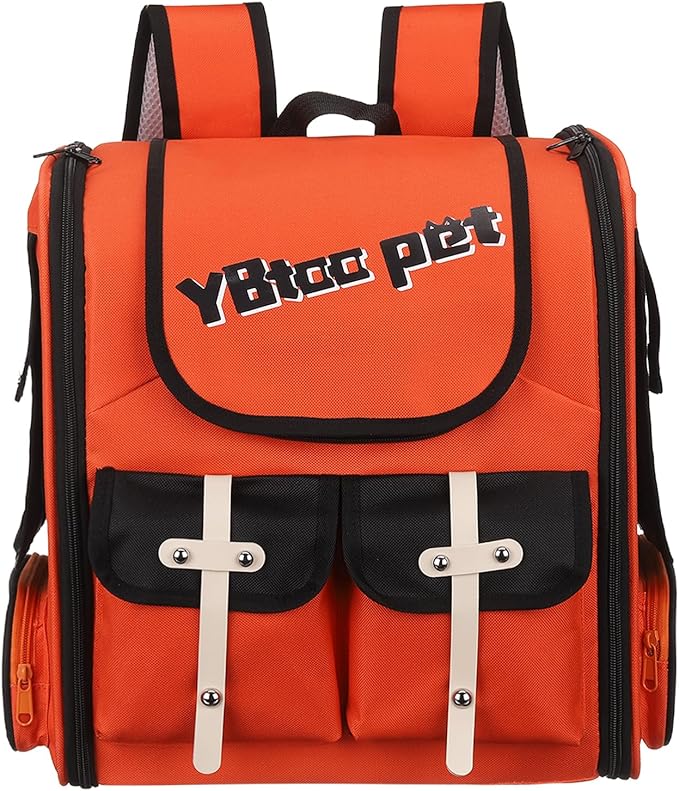 Pet Backpack Carrier, Portable and Ventilated, Oxford Cloth, Dogs Cats and Small Animals Travel Bag 13.39", (Orange, Red, Black, 1 Pcs), Intended for Hiking/Camping/Traveling