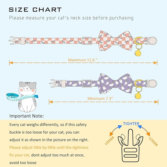 Faygarsle 2 Pack Halloween Cat Collar with Bowtie and Bell, Breakaway Safety Buckle, Ghost Bats Pattern, Orange and Purple