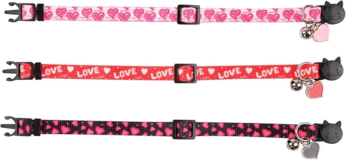 3 Pack Valentine's Day Cat Collar with Bell Breakaway Adjustable Love Heart