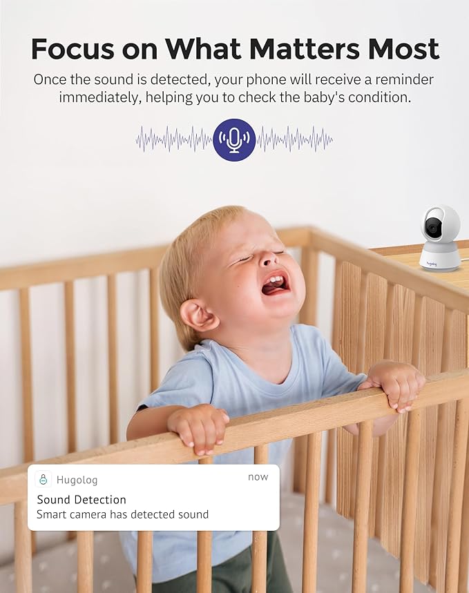 Hugolog 3K 5MP Indoor Pan/Tilt Security Camera with Auto-Focus,Ideal for Baby Monitor/Pet Camera/Home Security,Starlight Color Night Vision,Human/Pet AI,Noise Reduction,US Cloud,Works with Alexa