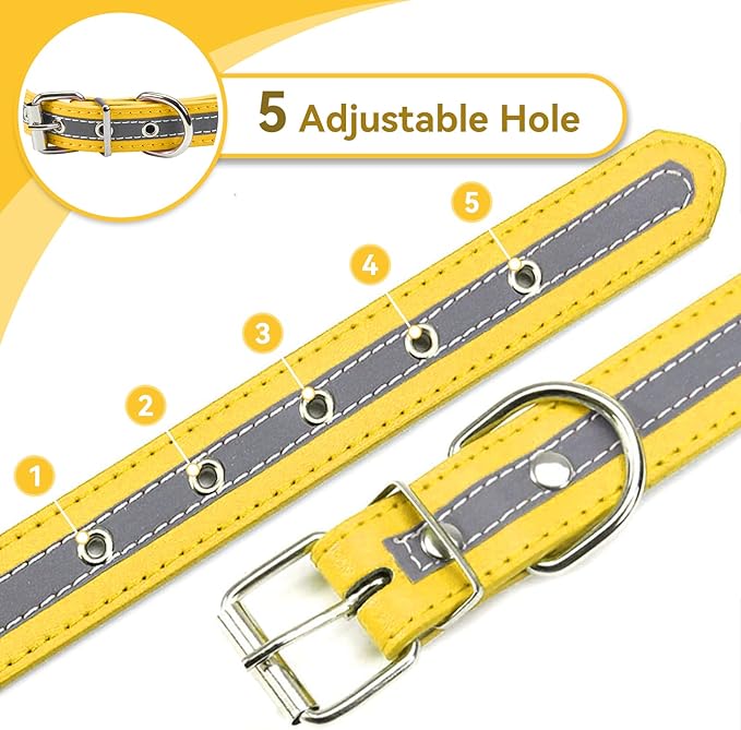 PETCARE Reflective Dog Collar with Cute Paw Rivet Studded Funny Soft PU Leather Adjustable Puppy Dog Collars for Small Medium Large Dogs Cats (Yellow,Large)
