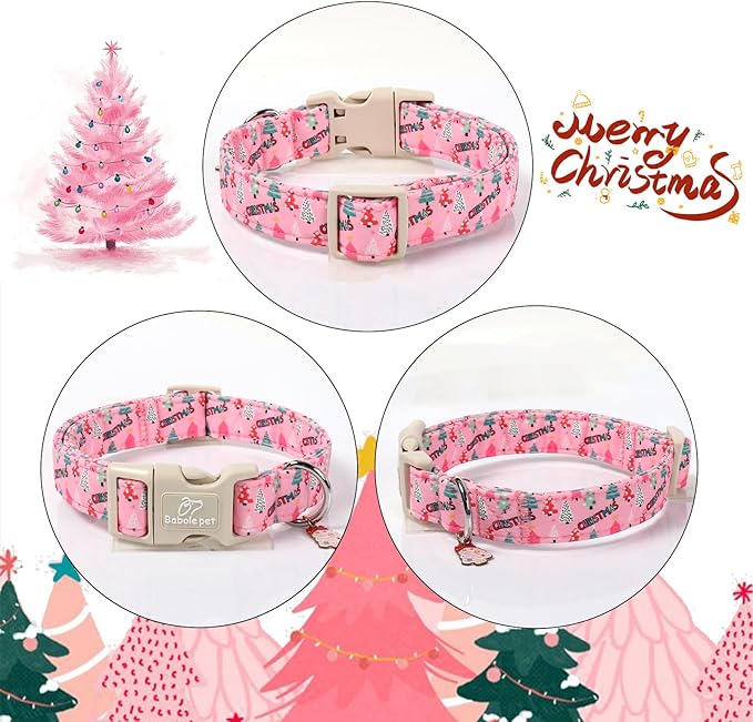 Christmas Dog Collar for Small Dogs - Cute Xmas Tree Print Pink Christmas Collars for Dogs, Soft Adjustable Winter Holiday Dog Collars with Quick Release Buckle S