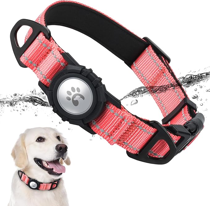 TagME Airtag Dog Collar,Waterproof Reflective Pet Collar with Airtag Holder,Soft Padded and Double D-Rings for Extra Large Dogs,Baby Pink