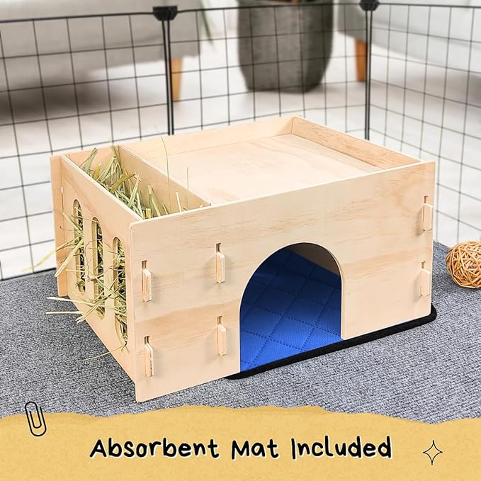 Guinea Pig Hideout with Hay Feeder & Absorbent Mat, Wooden Chinchilla House with Multiple Window, Small Animal Hut Castle for Dwarf Rabbit