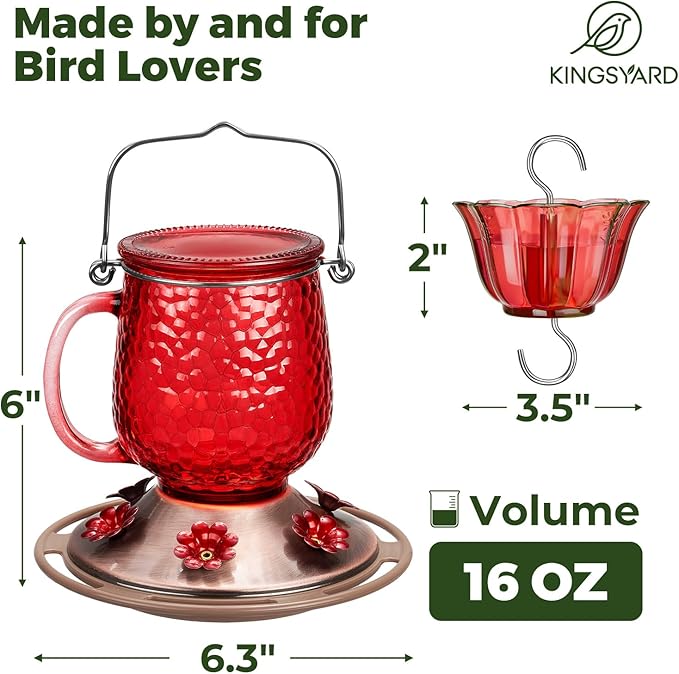 Kingsyard Glass Hummingbird Feeders for Outdoors, 16 Oz Wild Bird Feeder 6 Feeding Ports & Ant Moat Included, Hanging Bird Nectar Feeder Garden Red Décor Gifts for Mom, Red