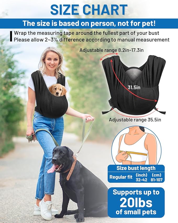 Dog Sling Carrier for Small Dogs, Front Pet Sling Carrier Chest, Adjustable Reducing Back Stress Cat Sling for Small Pet up to 20lbs, Hands Free Puppy Sling for Travel or Everyday Use (Black)