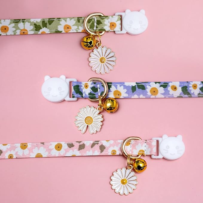 Faygarsle 3 Pack Cotton Safe Breakaway Cat Collars with Bell Daisy Charm Green Blue Pink Kitty Kitten Cute Cat Collars for Girl Cats Female Cats