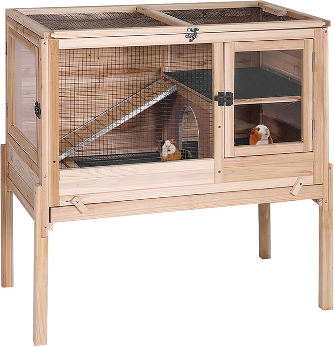 Indoor Bunny Cage Guinea Pig Cages - Wooden Small Animal Cage Rabbit Hutch with Chew-Proof Ramp, Pull-Out Tray, Leakproof PVC Layer & Detachable Legs for Rabbits, Guinea Pigs (Natural Wood)