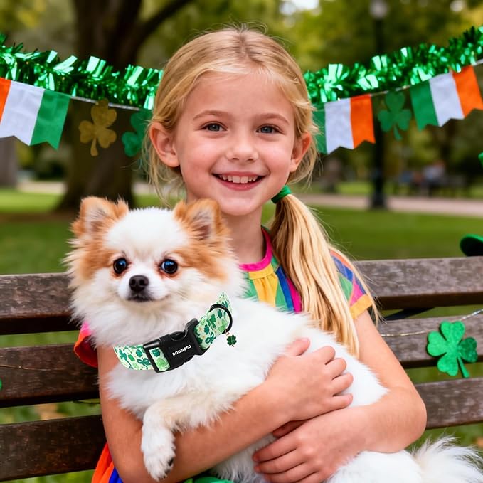 DOGWONG St Patrick's Day Dog Collar-Cute Green Clovers Dog Collar, Adjustable Cotton Shamrock Pet Collar Trefoil Puppy Collars with Quick Release Buckle,L