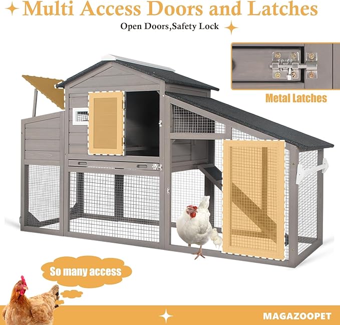 Chicken Coop with Wheels, Weatherproof Outdoor Chicken Hen Houses with Run, 2 Story Wooden Poultry Coops Rabbit Hutch for 2-3 Chickens Bunny with Leakproof Tray, Nesting Boxes, Ramp