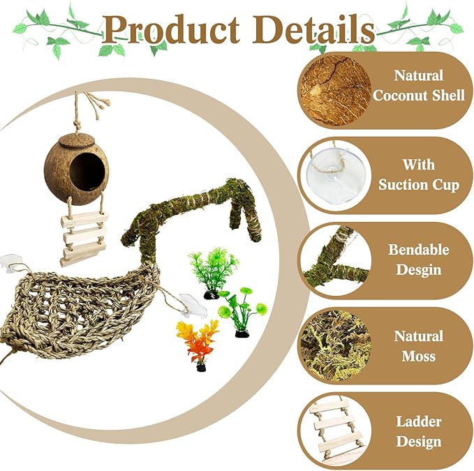 6 PCS Hermit Crab Accessories Set Large Bendable Moss Hermit Crab Climbing Toys Coconut Shell Hut with Ladder Climbing Hammock with Suction Cup Plants for Reptile Amphibian