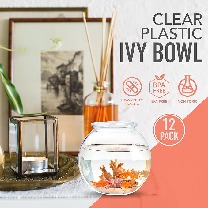 Plastic Ivy Bowls - 12 Pack - 16 Oz - Fish Bowl for Drinks, Home Décor, Unbreakable Centerpiece, Carnival Game Accessory, Candy Dishes, Ornament Holder, Party Supplies, Sweet Treats