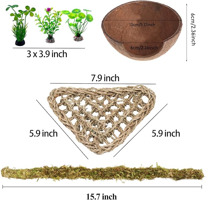 HERCCOCCI Hermit Crab Accessories, 6Pcs Hermit Crab Toys Coconut Shell Hut Climbing Hammock Artificial Plants for Hermit Crabs
