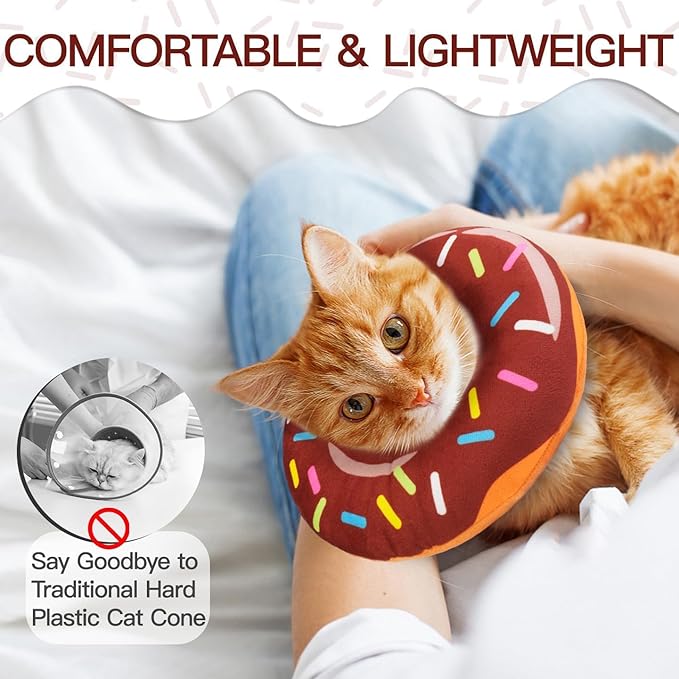 Cat Cone Collar Soft, Cute Cat Donut Collar After Surgery, Adjustable Kitten Recovery Cones to Stop Licking, Lightweight Neck Elizabethan Collars for Cats Kittens (Brown, Large)