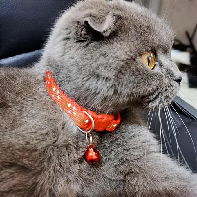 Reflective Cat Collars Breakaway with Bell Moons Stars 2 Pack Girl Boy Pet Kitten Collar Adjustable 7.5-12.5 Inch (Blue)