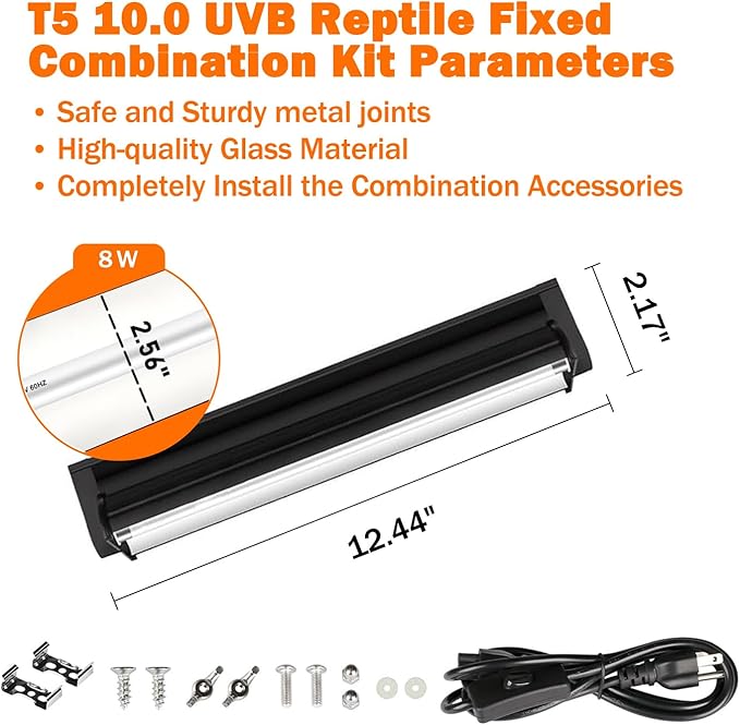T5 10.0 UVB Reptile Light Fixture, T5 UVA UVB Light Tube Lamp Blub 8W 12" for Bearded Dragon, Tortoise,Desert Lizards,Leopard Gecko,Reptile & Amphibian Lamp