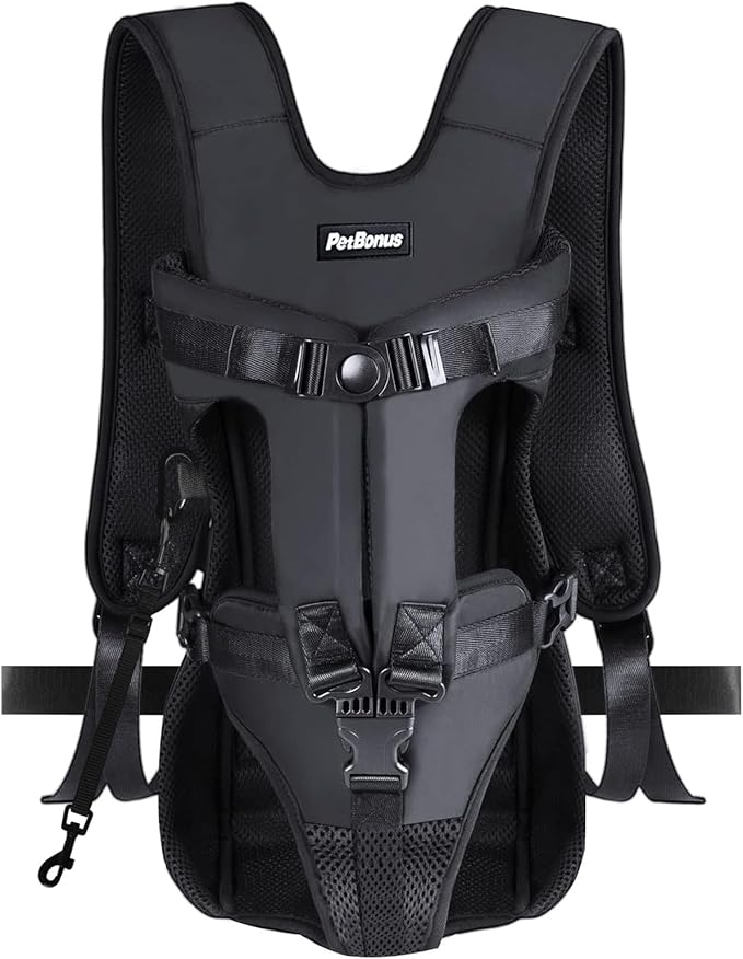 PetBonus Pet Front Dog Carrier Backpacks, Adjustable Pet Backpack, Legs Out Easy-fit Puppy Chest Carrier for Medium Small Dogs, Hands Free for Hiking, Cycling (Black, S)