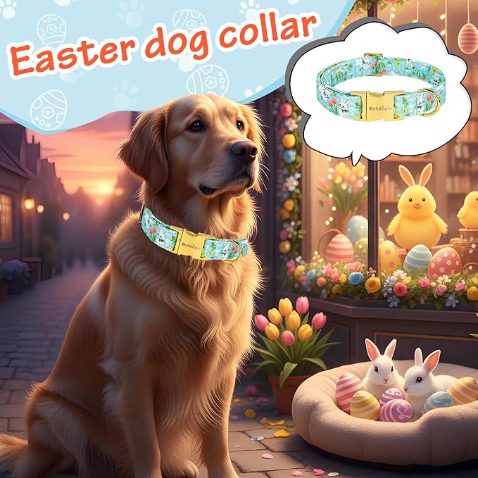 Easter Dog Collar for Extra Small Dogs, Easter & Spring Theme Small Dog Collar with Cute White Bunny Pattern, Adjustable Blue Easter Dog Collars Girl Boy Collar for Dogs -XS