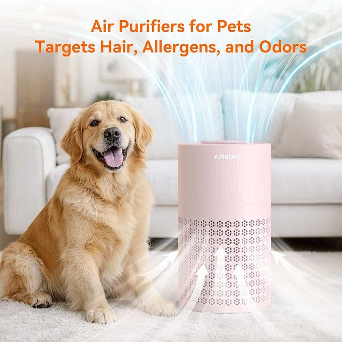 AIRROMI Air Purifier for Bedroom with HEPA 3-in-1 Filter, Pet Air Purifier for Home Cat Pee Smell, Covers Upto 990 Ft², Quiet 360° intake Air Cleaner for pet hair,allergies,Dust,Smoke A2001 Pink