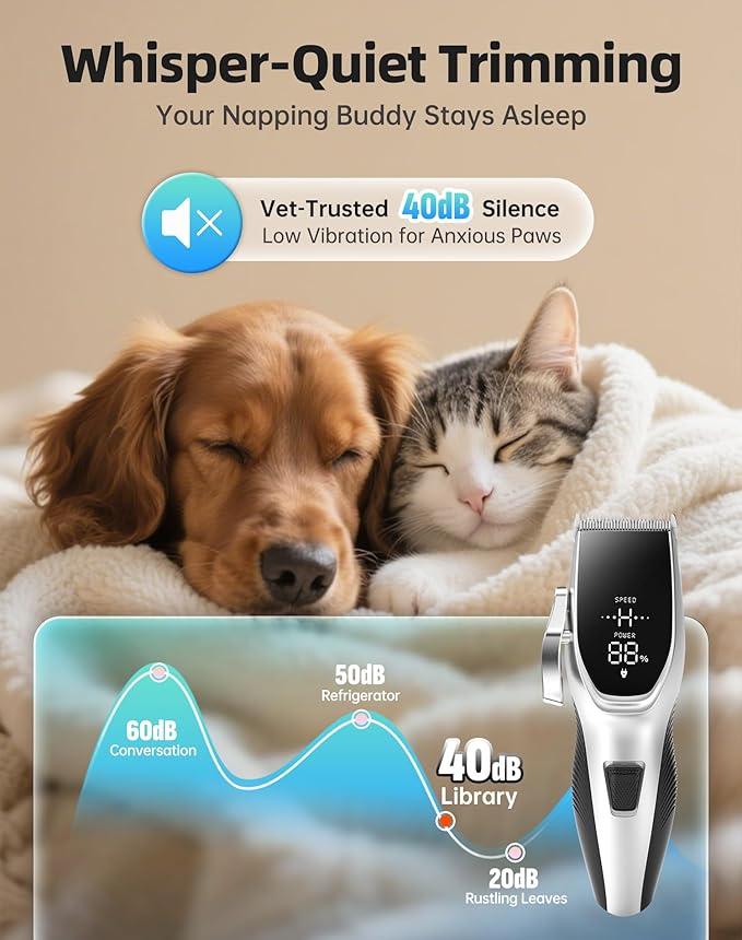 Dog Grooming Kit Low Noise,Cordless 4 in 1 Dog Clippers for Grooming Rechargeable Pet Cat Hair Trimmer with 2 Speed,6 Guards,Scissors,Comb for Small Medium Large Pets Dogs Cats Thick Hair Sliver
