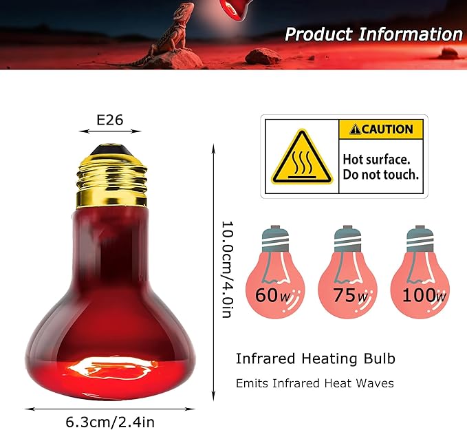 60W Compact Red Infrared Heat Lamp Bulb – Provides All-Day Heating to Support Metabolism, Digestion & Appetite, Basking Spot Light for Reptiles, Lizards, Terrarium & Brooder Heater, 2.5"