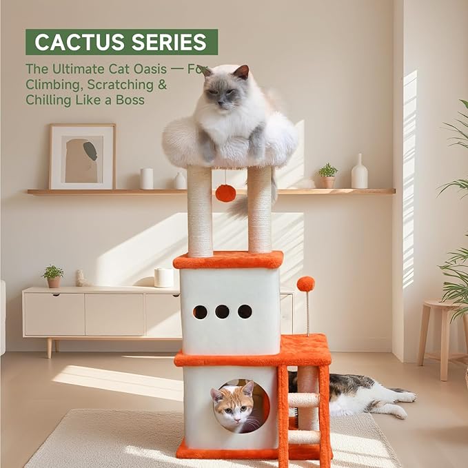 37.4-inch Cat Tree, Cat Tree Tower with Twin Cat Condos for Indoor Cats, Plush Cat House with Padded Perch, Scratching Ladder and Posts and Plush Balls for Kitty Play, Orange