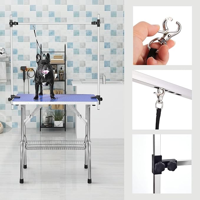 SoarFlash Pet Dog Grooming Table Foldable,Heavy Duty Foldable Pet Grooming Table with Arm & Noose & Mesh Tray, Maximum Capacity Up to 330lbs, 36inch, Blue