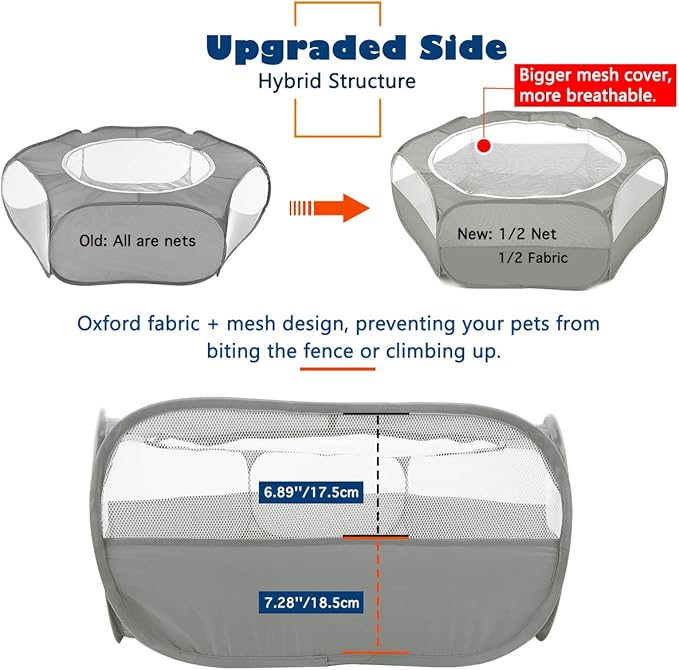 Small Animals Playpen, Waterproof Breathable Indoor Pet Cage Tent with Zipper Cover, Portable Outdoor Exercise Yard Fence for Kitten Hamster Bunny Squirrel Guinea Pig Hedgehog, Gray