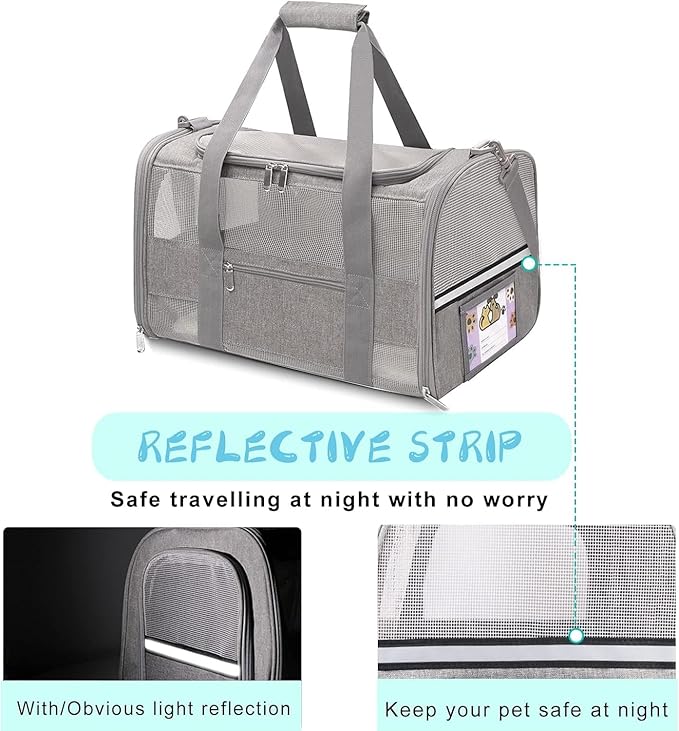 Soft-Sided Cat Carrier for Pets Up to 15lbs, Airline Approved Under-Seat Travel Carrier with Collapsible Bowl, Breathable Mesh & Removable Pad, Grey