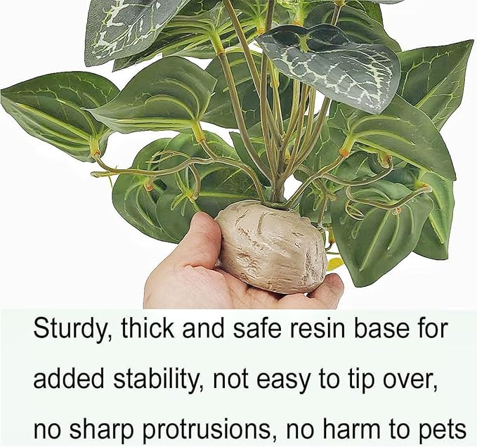 Reptile Plants for Terrarium,Amphibian Habitat Decor,Artificial Plants for Gecko Chameleon Snake Tortoise Bearded Dragon Tank Accessories with Base（Anthurium Crystallinum）