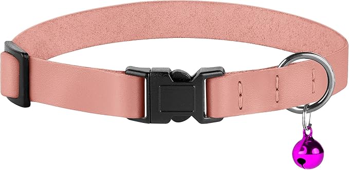 Breakaway Cat Collar with Bell - Leather Adjustable Kitten Collars with Safety Quick Release Buckle - Soft Small Pet Collars for Girl & Boy Cats (Rose)