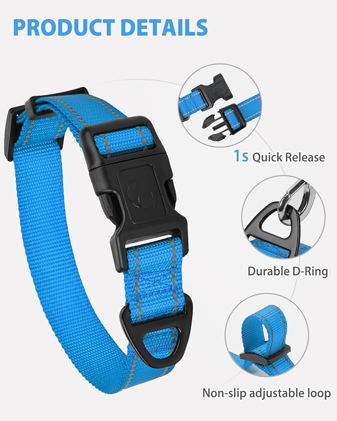 Joytale Reflective Dog Collar, Adjustable Nylon Pet Collar with Quick-Release Buckle for Medium Dogs, Sky Blue, M