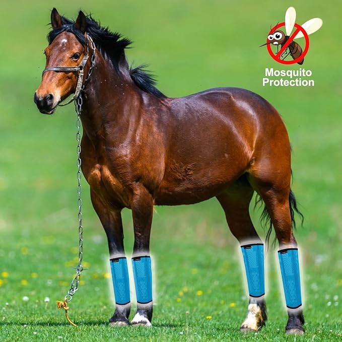 FOXLVDA Horse Fly Boots - Fly Boots for Horses Set of 4, Comfortable Horse Leggings, Mesh Material Design with Metal Support Bars for Reduces Stomping & Leg Fatigue (Blue, Medium)