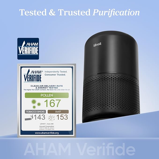 LEVOIT Air Purifier for Home Allergens Pet Hair in Bedroom, Covers Up to 1073 ft² by 56W High Torque Motor, AHAM VERIFIDE, 3-in-1 Filter with HEPA Sleep Mode, Remove Dust Smoke Odor, Core300-P, Black