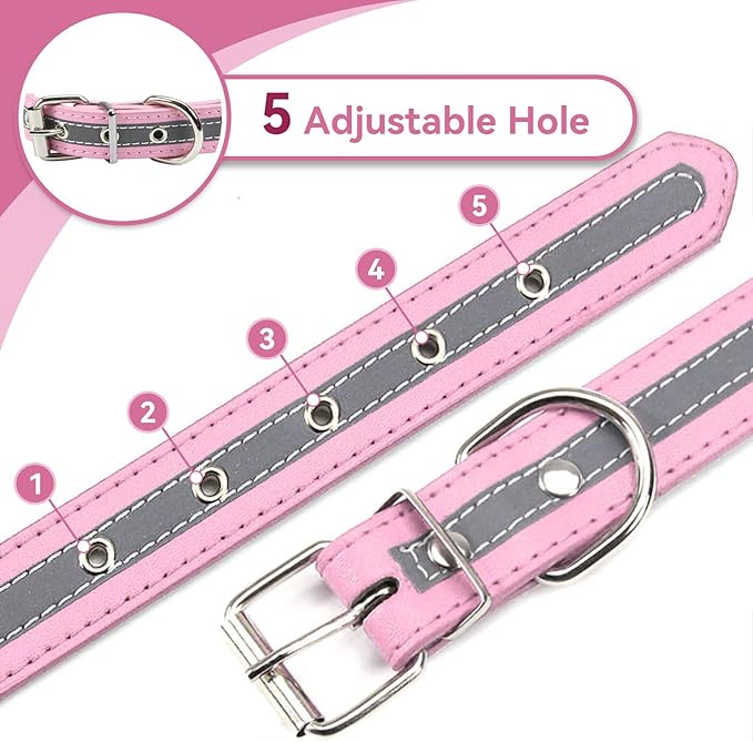 PETCARE Reflective Dog Collar with Cute Paw Rivet Studded Funny Soft PU Leather Adjustable Puppy Dog Collars for Small Medium Large Dogs Cats (Pink,X-Large)