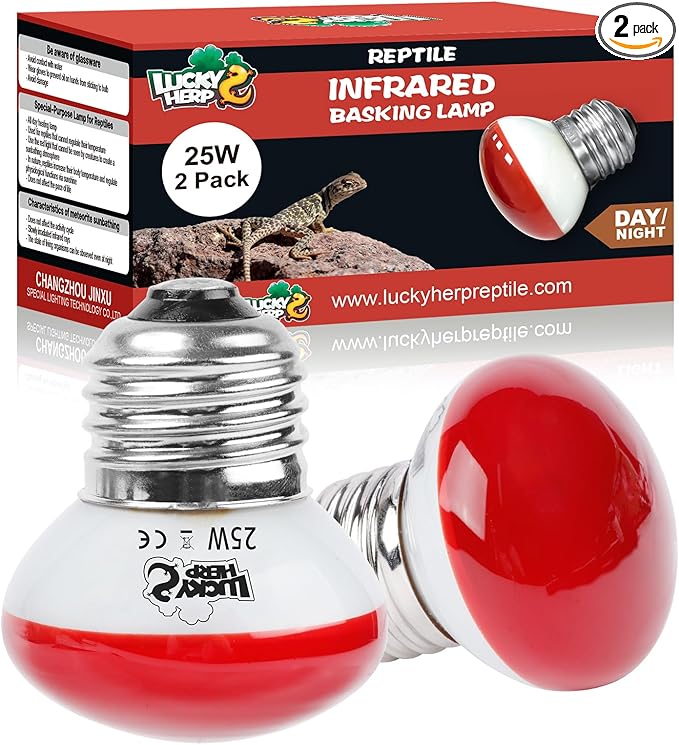 LUCKY HERP Infrared Heat Lamp, 25W Reptile Heat Lamp 2 Pack Red Heat Lamp Bulbs, Infrared Basking Spot Heat Light Bulb, Amphibians Heat Lamp Bulbs for Reptile, Geckos, Snakes, Lizard, Turtle