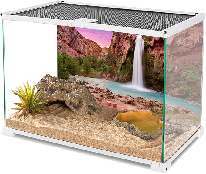 AWERT 48x18 inches Reptile Habitat Background Sunset Mountain Waterfall Terrarium Background Durable Polyester Background