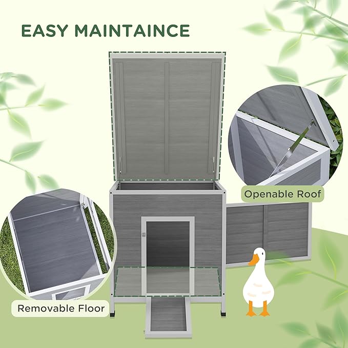PawHut Duck Coop, Wooden Chicken House Rabbit Hutch with Openable Roof, Removable Floor, Double Doors, Ramp, Duck House for 2-4 Chickens, Geese, 25" x 32" x 30"