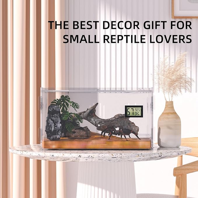 Reptile Terrariums with Temperature Hygrometer, 11.8"x7.9"x5.9" Acrylic Breeding Box Terrarium Cage Tank for Small Reptile Insect Home Office (Terrestrial)